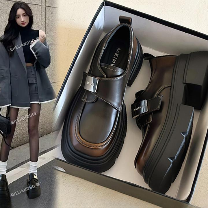 厚底乐福鞋女2025新款春秋爆款英伦风小皮鞋百搭魔术贴玛丽珍女鞋