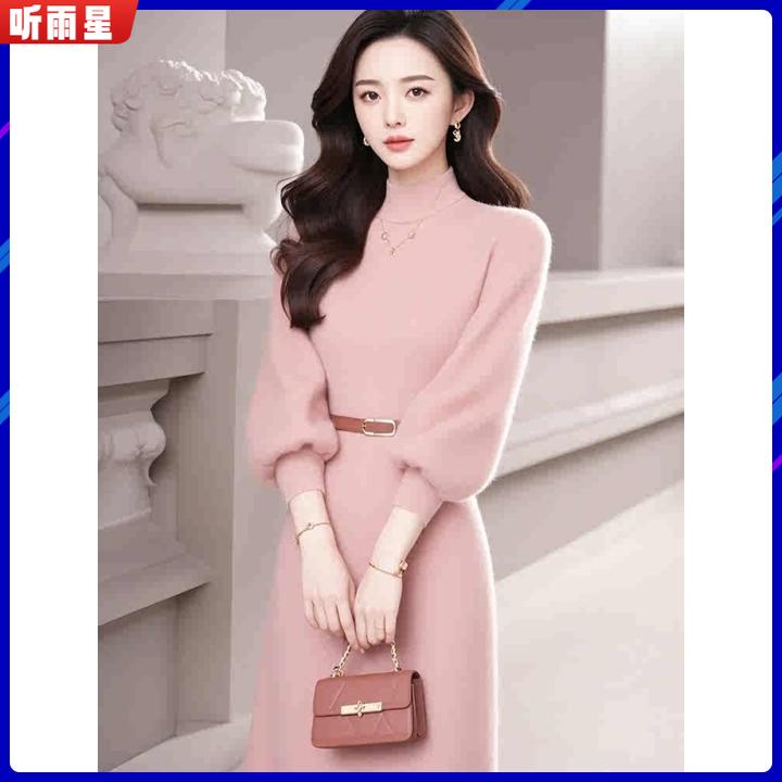 l冬季新款法式气质名媛女神范高端精致温柔风粉色高领针织连衣裙1