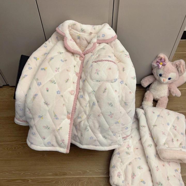 【甜美碎花】珊瑚绒三层夹棉睡衣女秋冬款2025新款加厚家居服套装