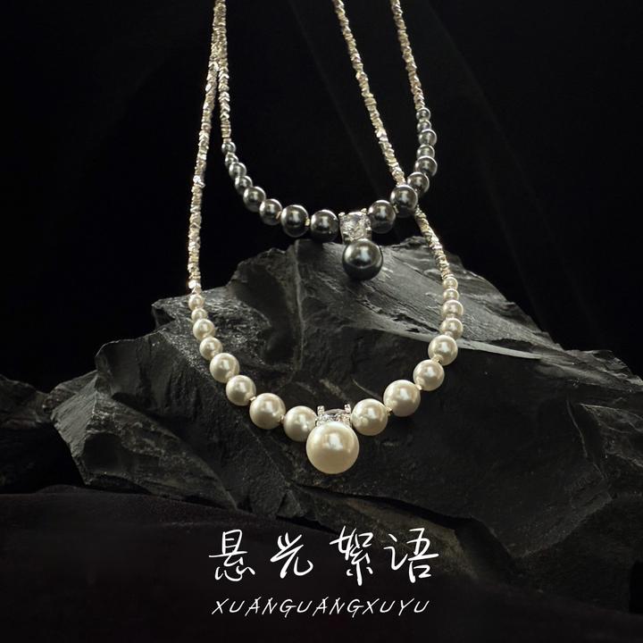 坠链均925银仿珍珠 S925纯银项链珍珠碎银子锁骨链施家珍珠灰珍珠