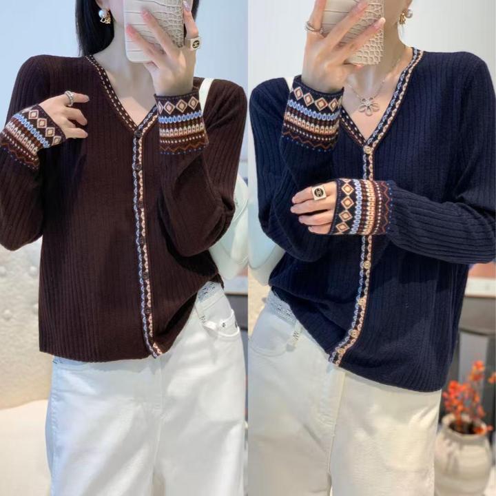 80-180斤精纺细羊毛撞色复古法式提花V领针织开衫早秋上衣长袖