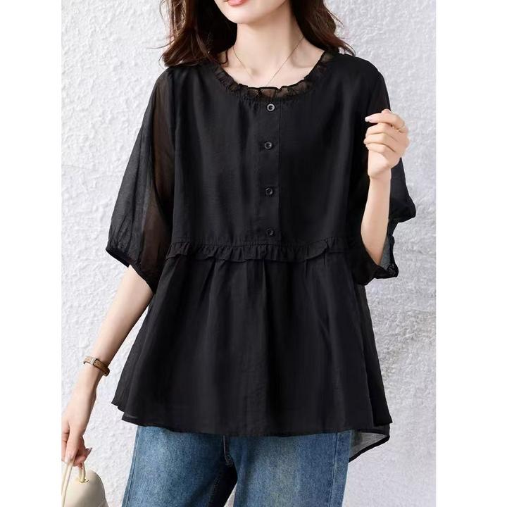 设计感宽松型短袖大码黑色透气雪纺衫韩版衬衫宽松显瘦遮肚子小衫