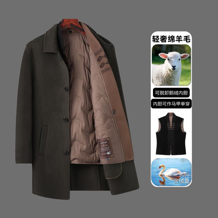 【羊毛-（中短）】双层羊毛一手长羽绒大衣加绒加厚内胆可拆卸