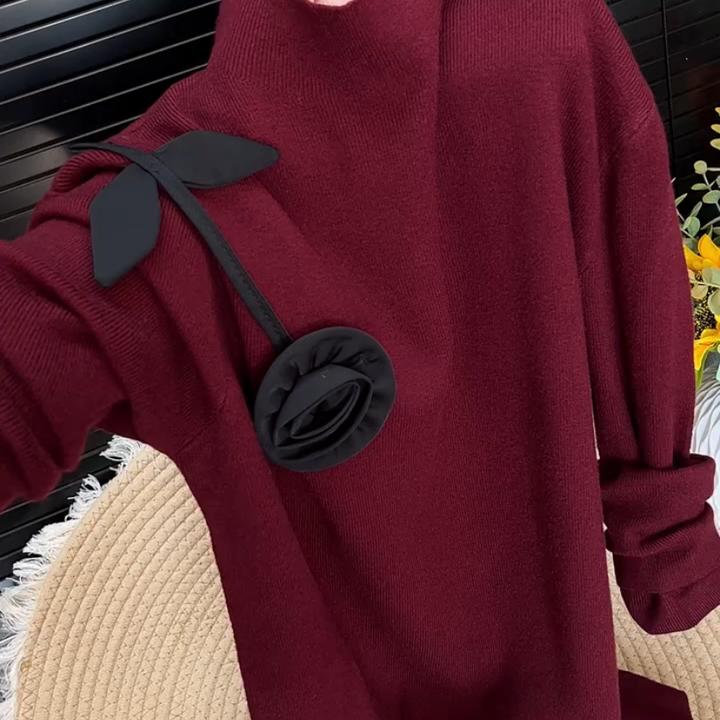 法式半高领立体花朵打底针织衫女2025早秋新款套头设计感洋气上衣