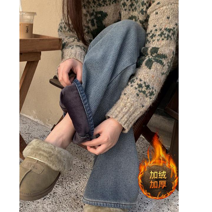 胖mm特大码星空纹设计加绒牛仔裤女美式小众宽松保暖加厚阔腿长裤
