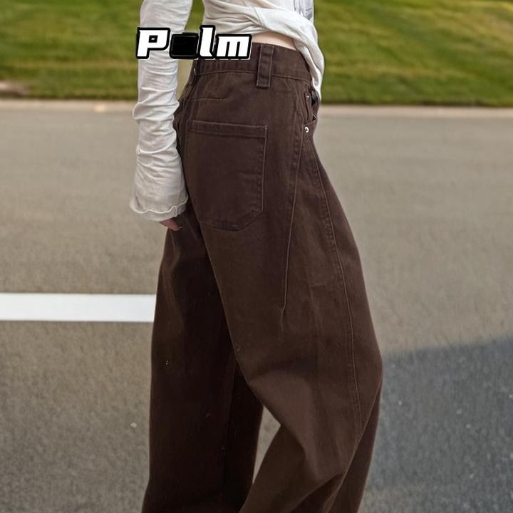 GiftPalm春秋高个子加长美拉德咖色弯刀牛仔裤女高腰垂感阔腿裤子
