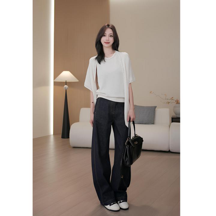 明线拼缝造型弯刀裤女2025秋季新款宽松显瘦百搭牛仔长裤qw361