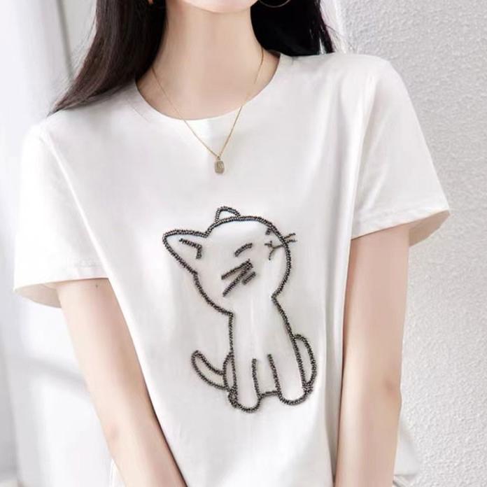 职业阿玛诗官2025春夏季新款钉珠纯色短袖T恤洋气显瘦减龄上衣女