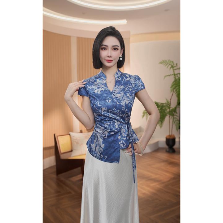 格娜夏季新款老钱风松弛感女装气质不规则设计感抽褶系带遮肉套装