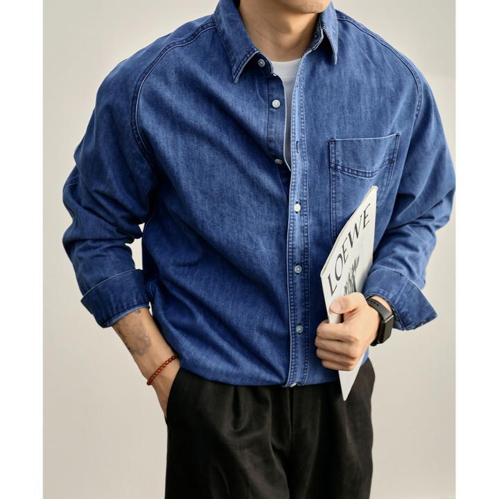 奥兰德保罗插肩袖洗水棉重磅牛仔衬衫男辑明线贴布口袋长袖小外套