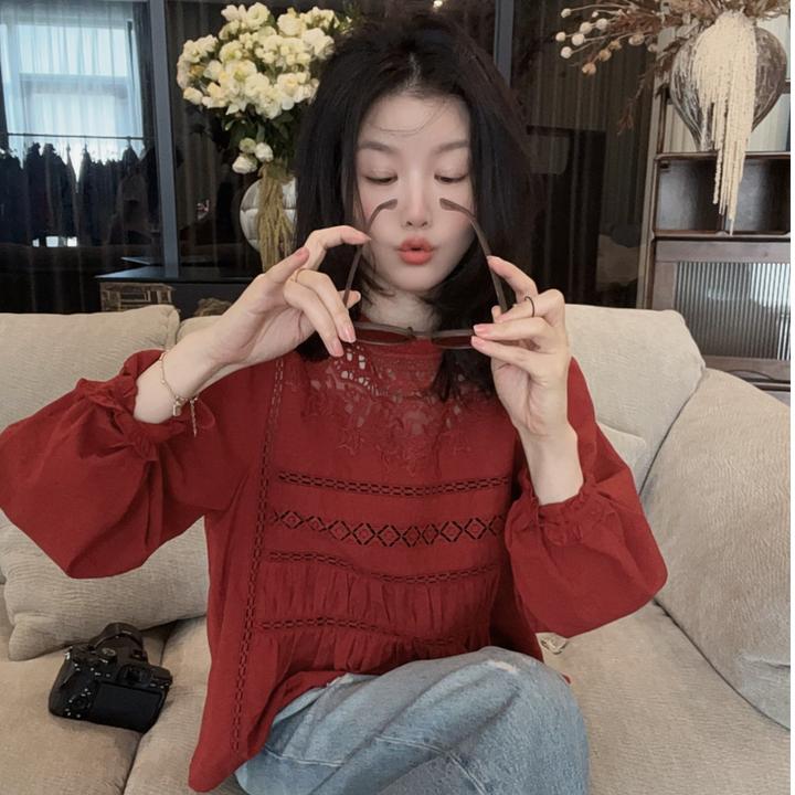 【悦悦专属】法式木耳花边镂空套头笼袖衬衣Y733