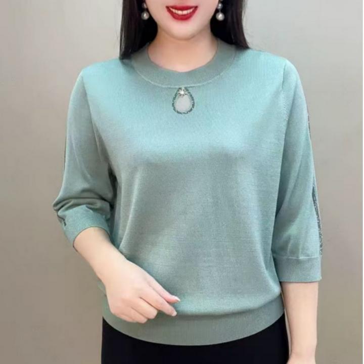 高档烫钻休闲弹力大码中年妈妈针织打底衫2025春夏新款潮流圆领衫