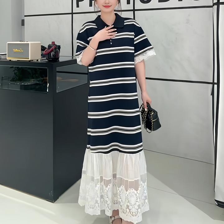 蕾丝钩花翻领连衣裙2025夏季大码胖MM拼接条纹流行独特短袖裙子女