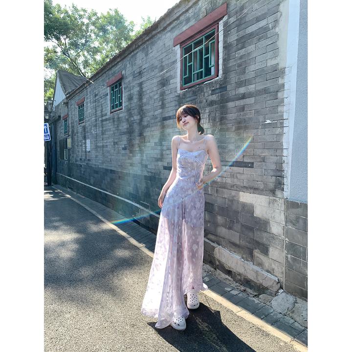 2025新款【花期如梦】吊带印花长裙女度假仙女裙收腰连衣裙设计感夏