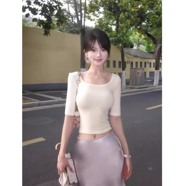 纯欲套装白色U领中袖T恤短款上衣低腰紫色缎面半身短裙两件套裙子