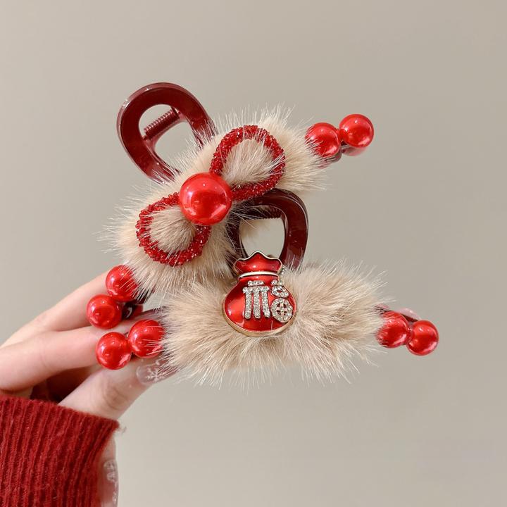 新年红色抓夹女秋冬毛绒发夹过年氛围感鲨鱼夹头发发量多夹子头饰