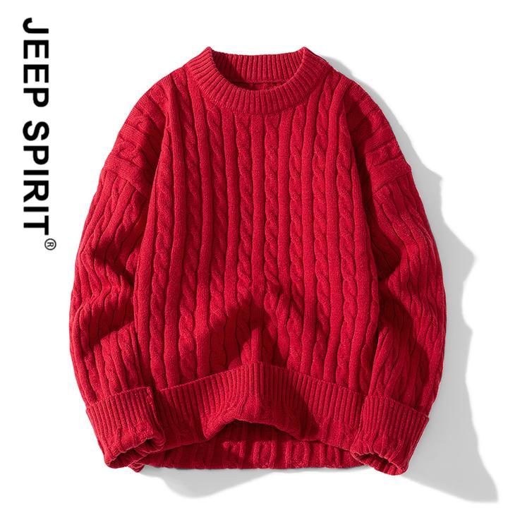 JEEPSPIRIT红毛衣男秋季加绒情侣外套慵懒风针织衫加厚新年上衣潮