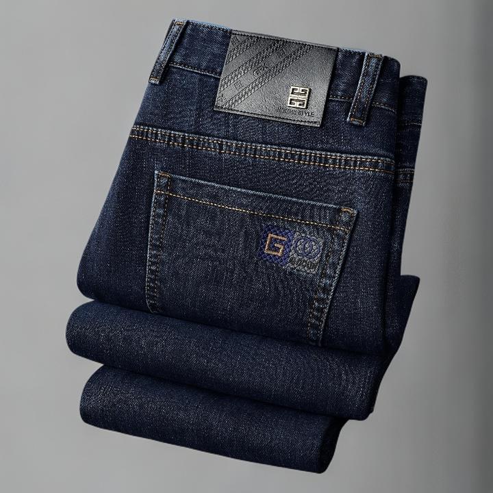 轻奢高端秋季深蓝色牛仔裤男修身竖条纹小直筒裤时尚男士休闲长裤