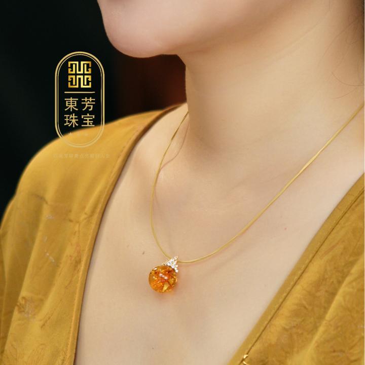 東芳珠宝-15mm俄罗斯天然花珀项链琥珀项链圆球小众珠宝花珀吊坠