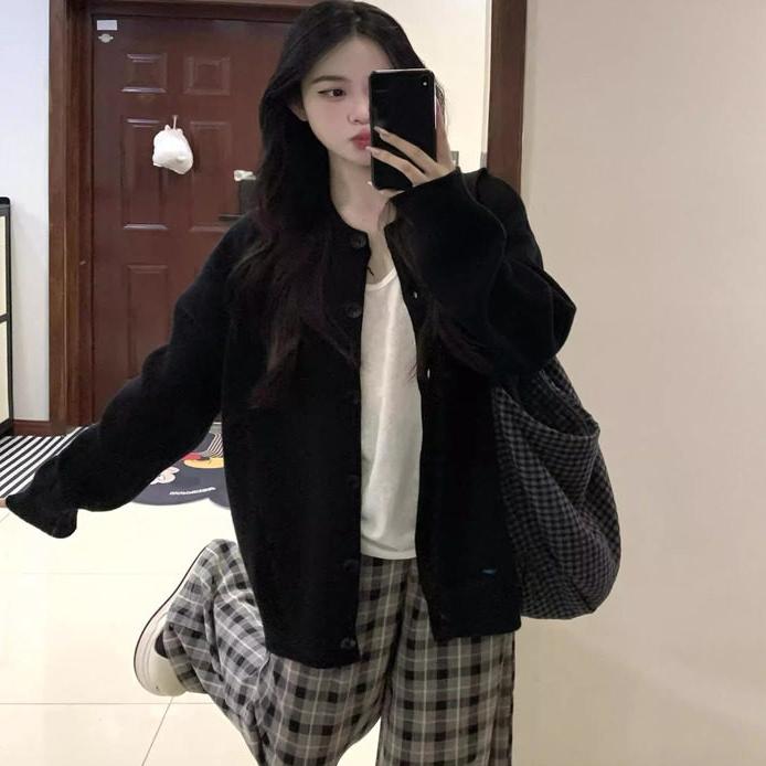 职业阿玛诗官2025秋冬款慵懒高级感灰色圆领毛衣外套休闲针织开衫