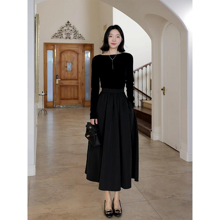 郭九九呢 天丝混纺针织气质一字领毛衫收腰显瘦伞裙 G925A00421