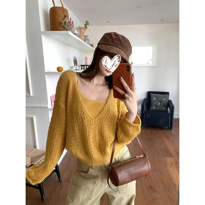 【现货秒发】早秋韩系气质吊带背心V领钩花镂空长袖罩衫针织衫上衣