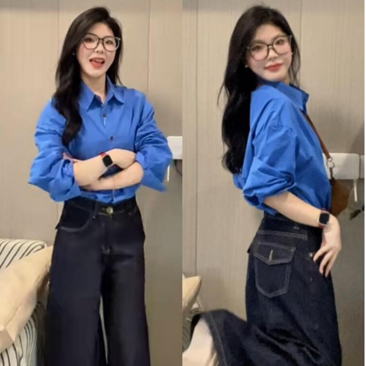 2025新款港风克莱因蓝色衬衫春秋法式超显白上衣高级感叠穿衬衣女