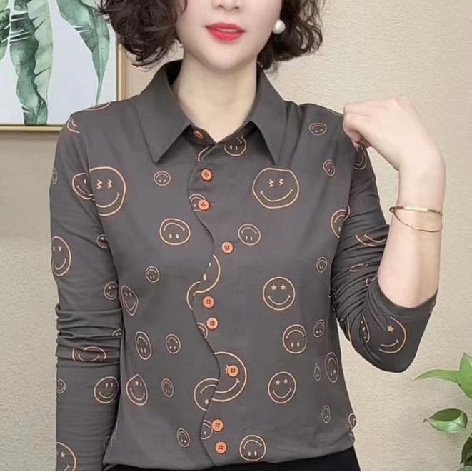 2025春秋气质百搭显瘦新款时尚洋气印花翻领长袖套头女士上衣#60