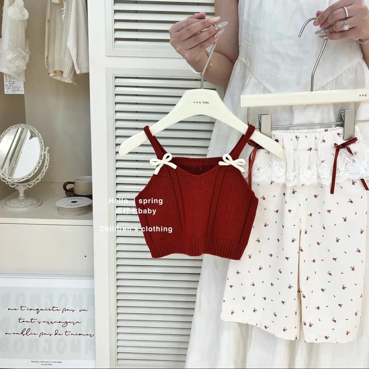女童春夏新款甜美可爱针织吊带宝宝碎花蕾丝屁帘休闲裤韩系两件套
