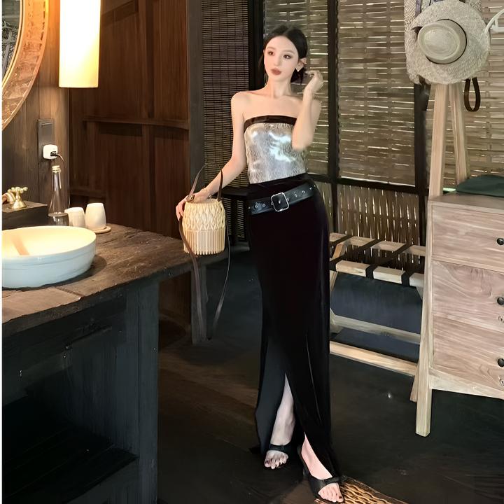 时尚复古气质性感辣妹抹胸上衣半身裙套装