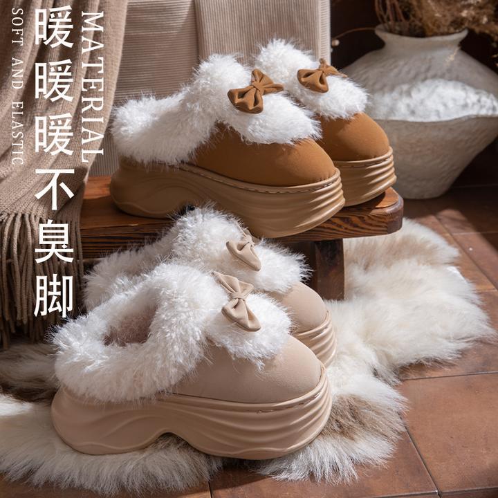 7cm厚底棉拖鞋女款秋冬季增高防滑加绒保暖居家外穿蝴蝶结棉拖鞋