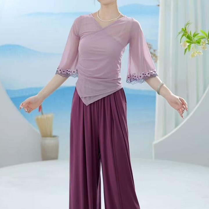 24773古风古典舞蹈服女新款身韵繁花七分袖绑带纱衣练功服