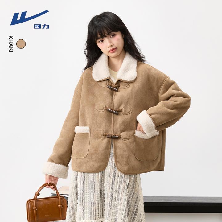 Warrior/回力麂皮加厚绒外套女2025新款秋冬韩版高级感翻领上衣
