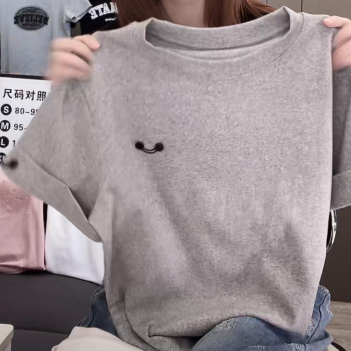 简约纽扣笑脸短袖T恤上衣女2025新款夏季时尚设计感休闲印花圆领