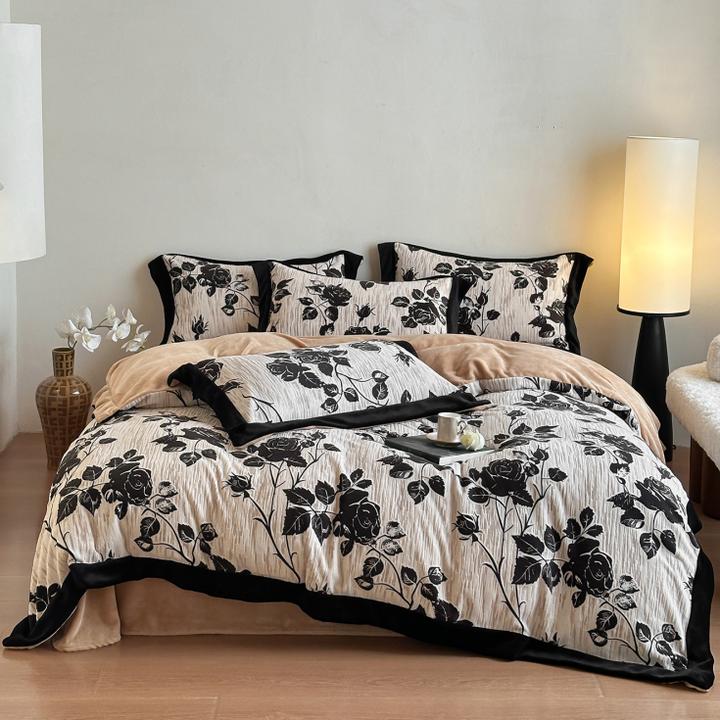 冬季复古加厚牛奶绒四件套花卉雕花印花珊瑚绒被套床品咖色防静电