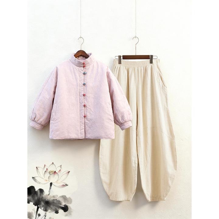 佛系禅意居士服女款秋冬棉麻夹棉外套新中式棉袄盘扣棉服修行禅服