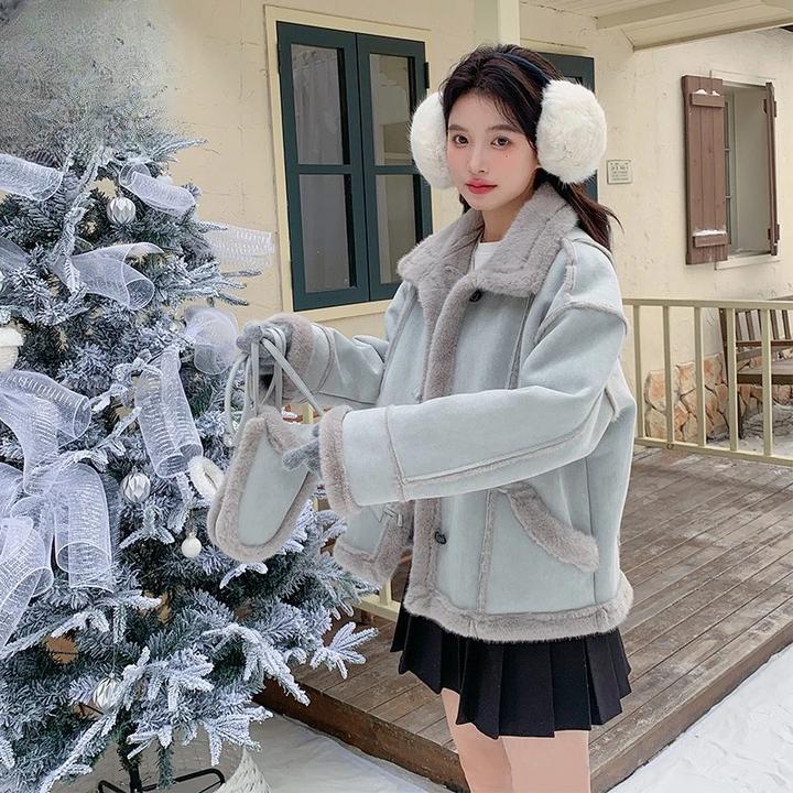 2025加绒加厚韩版百搭秋冬宽松保暖羊羔绒网红洋气皮毛一体外套