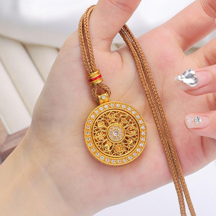 铜合金项链 镀K金满钻八宝旋转罗盘如意绳项链可旋转吊坠毛衣链女