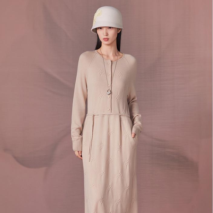 EXCEPTION例外春季绵羊毛保暖微缩提花H型修身连衣裙AA26-A2J03