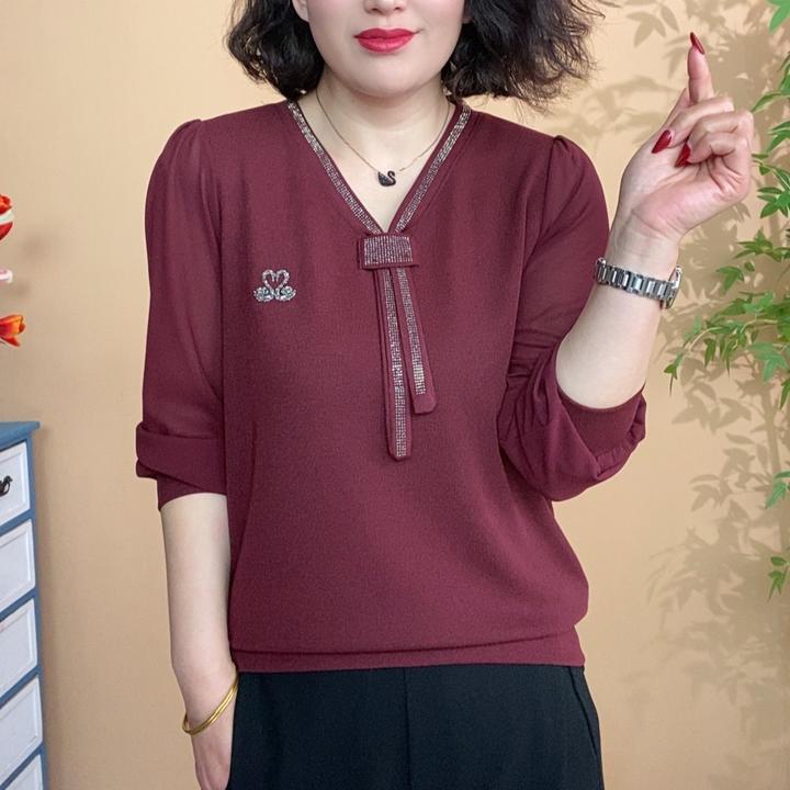 春秋长袖气质妈妈装纯色时尚百搭宽松小衫2031