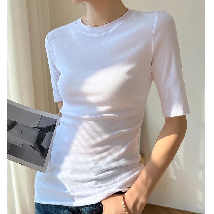 白色五分袖女士t恤2025新款夏季紧身薄款体恤中袖打底衫正肩上衣t