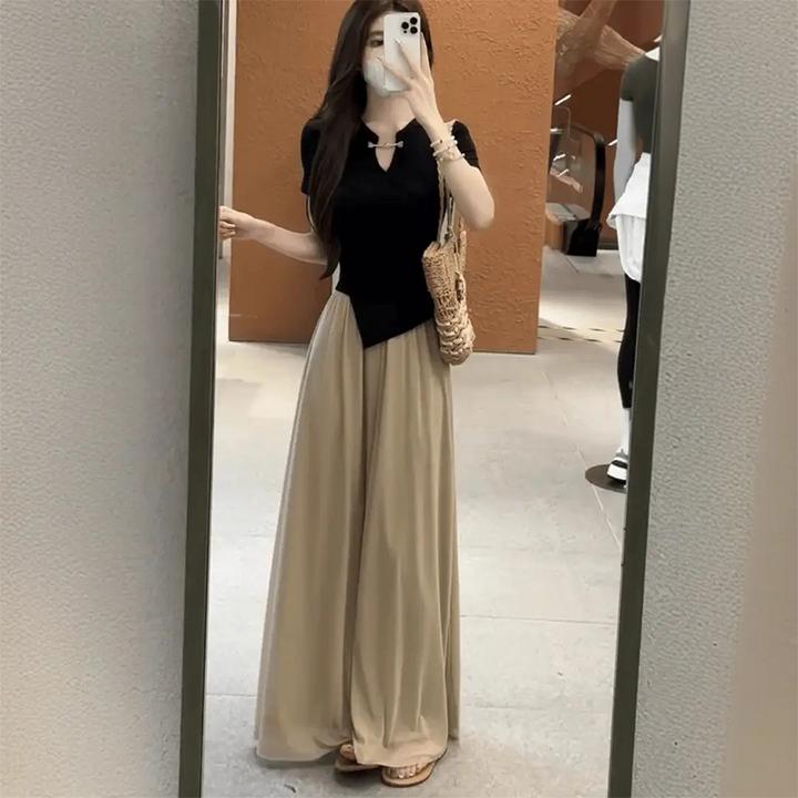 2025夏季新款新中式不规则短袖上衣女显瘦休闲阔腿裤时尚两件套装