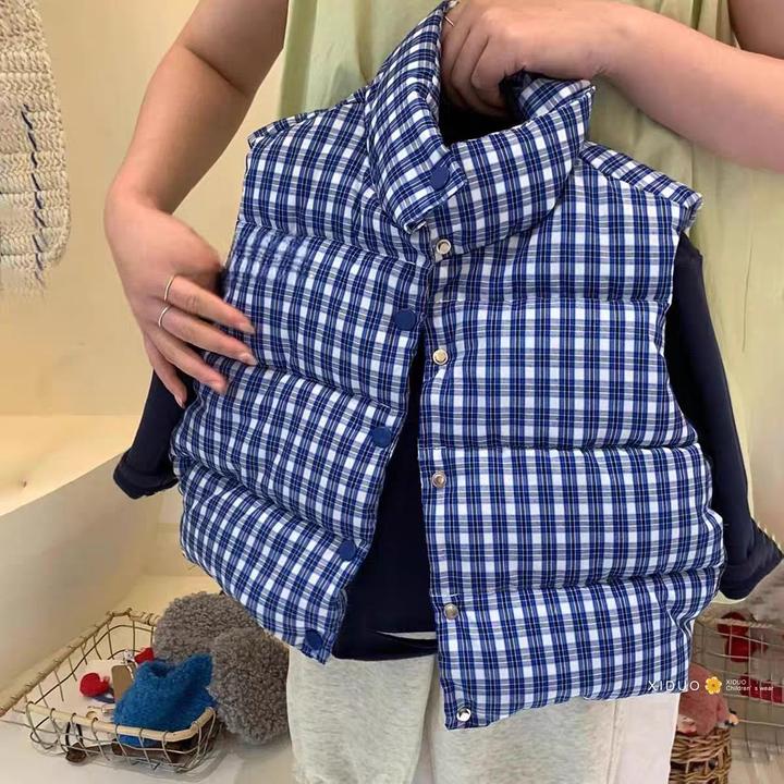 女童蓝色格子夹棉马甲25新品小女孩秋冬款复古洋气保暖儿童衣服