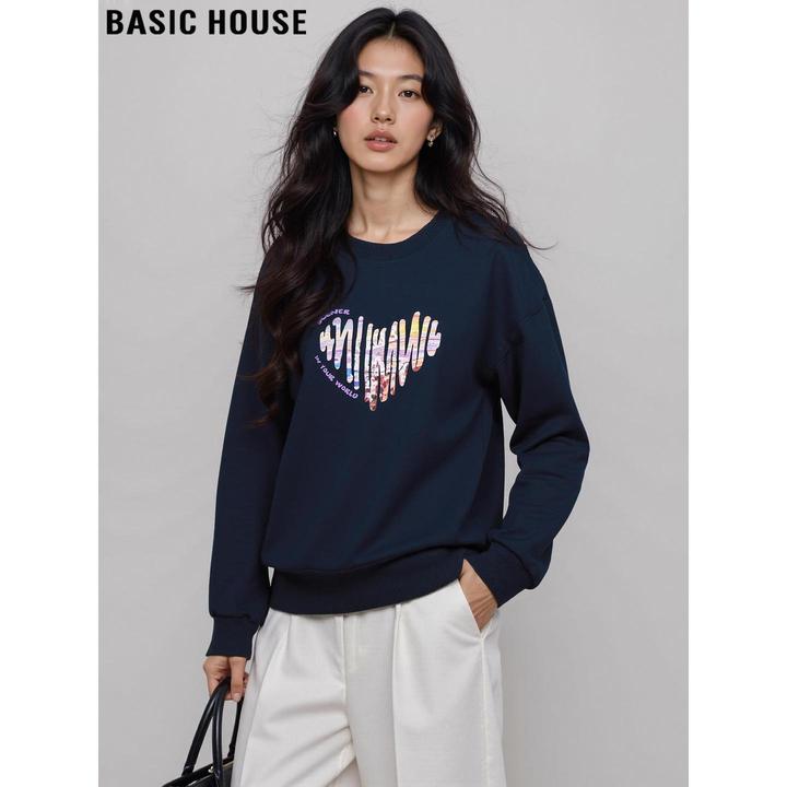 Basic House/百家好美式宽松印花圆领长袖卫衣女2025秋冬套头上衣