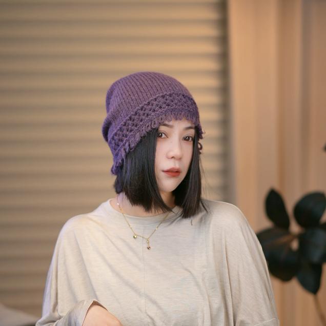 日系手工编织镂空包头帽子女显脸小帽子氛围感针织冷帽