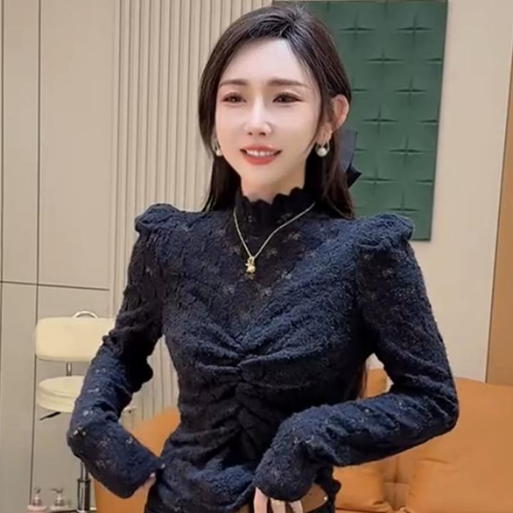 欧货复古轻熟风高领泡泡袖蕾丝衫女2025秋冬新款洋气显瘦百搭上衣