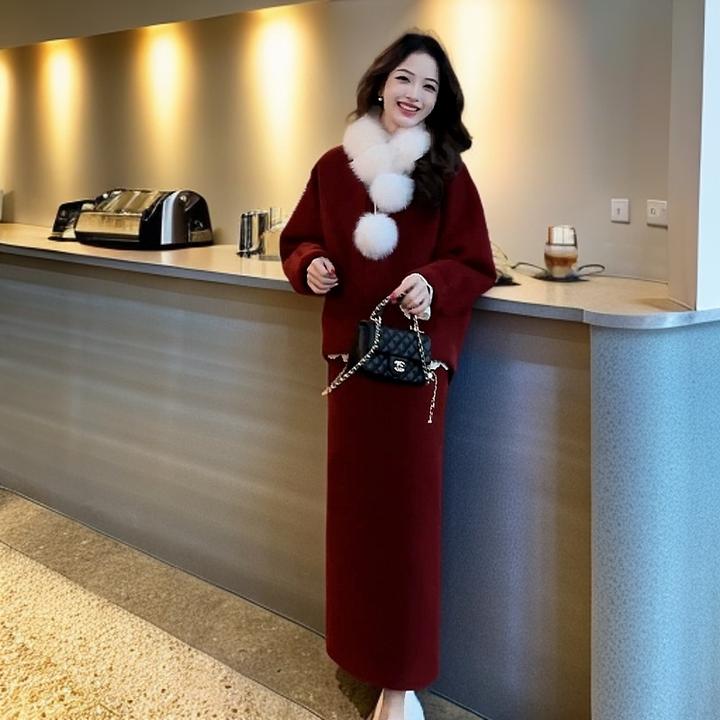 法式毛呢套装红色连衣裙子女秋冬圣诞穿搭2024新款过新年战袍长裙