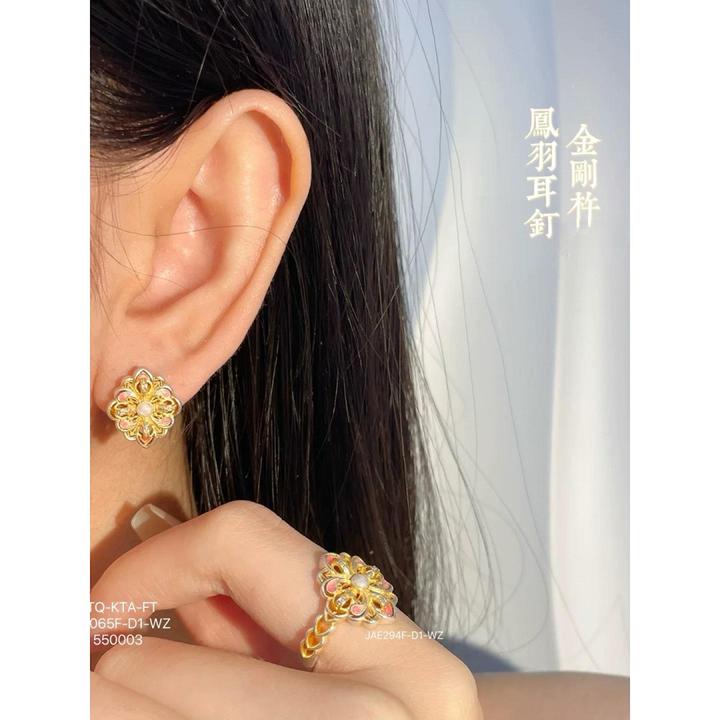 铜合金耳饰 海棠花耳钉女珐琅描金新中式国风耳饰送妈妈女朋友礼