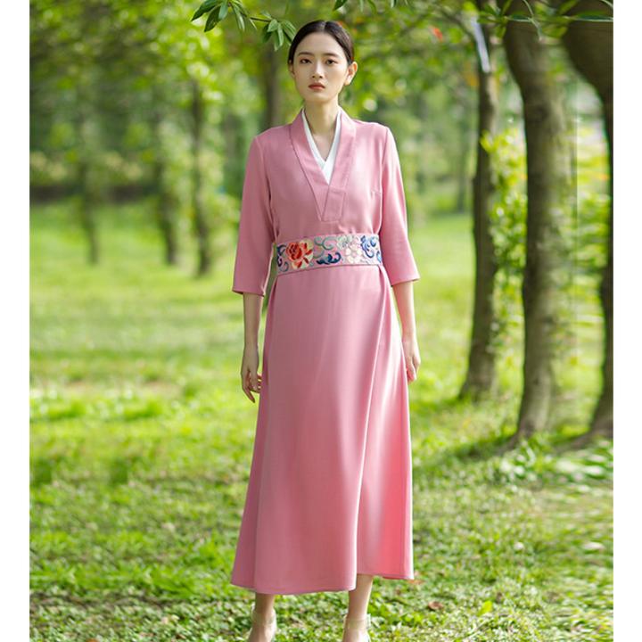 浒城古娘交领京绣春夏新中式欧若风女长款小v领连衣裙9A191317