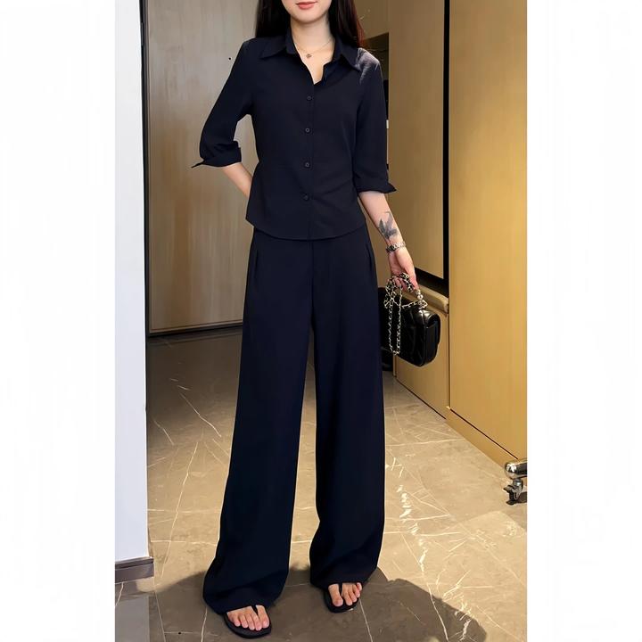 老钱风藏蓝色时尚套装女长袖翻领衬衫+高腰宽松阔腿裤休闲两件套